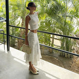 Vevesc 2 Piece Sets Skirt And Crop Top French Style Elegant White Sleeveless Midi Dress Sets Vacation Summer Women Outfits