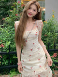 Vevesc  Fashion Sweet Dress for Women Floral Ruffles Lace Patchwork Irregular Sleeveless Design Dresses Summer Female Slim Clothing
