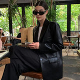 Vevesc Korean Fashion Black Leather Jacket Women Vintage Streetwear Oversized Blazer Jackets PU Autumn Winter Moto Biker Coat