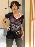 Vevesc Gothic Punk T-shirt Women Y2k Aesthetics V Neck Slim Tops Summer Harajuku Fairy Grunge Streetwear Vintage Tshirt Camisetas Tees