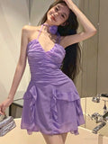 Vevesc Summer Purple Elegant Sexy Dress Women Bodycon Vintage Party Dress Female Ruffle Flounce Korean Fashion Designer Dress New