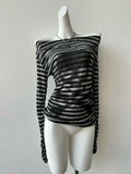 Vevesc Slash Neck Punk Harajuku Japan All Match Shirts American Vintage Skull Print Lazy Temperament Tops Fashion Striped Clothes