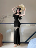 Vevesc  Black Patchwork Mesh Sheer Sexy Long Dress Women Elegant Luxury Ruffled Dress Gown Summer Korean Bodycon Party Night Dress