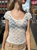 Vevesc  White Lace Sexy Transparent Crop Top Summer Short Sleeve Crew Neck Thin Streetwear T-shirt Women Casual Chic Cute Tees Tops