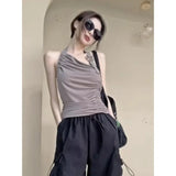 Vevesc Fashion Sexy Halter Vest for Women Y2k E-Girl Irregular Slim Fit Ruched Tank Top 2024 Summer New Gray Camisole Tops Mujer