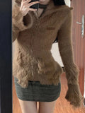 Vevesc Harajuku Fairy Knitted Grunge Sexy Hole Cardigan Streetwear Women's Fur Double Zippers Sweaters Y2k Aesthetic Solid Slim Coats