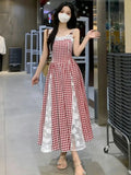 Vevesc  Sweet Plaid Long Dress Beach Style Women Elegant Lace Patchwork Korean Dress Fashion Slim Design Female Sexy Camis Vestidos