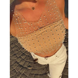 Vevesc Summer Fashion Beading Tank Top for Women Club Party Sleeveless Sexy Mesh See Through Vest Crop Tops Y2K Fairycore