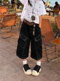 Vevesc  Vintage Black Women Cargo Jeans Pocket Wide Leg American Style Straight Denim Pants Washed Overzised Streetwear Summer