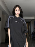 Vevesc Vintage Black T-shirts Women Oversized Cyber Y2k Korean Streetwear Short Sleeve Tees Hip Hop Style Female Tops Techwear
