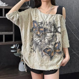 Vevesc Sweet Fairy Bow Embroidery American Vintage Print Clothes Y2k Aesthetic Loose Summer All Match Off The Shoulder Top Gothic Shirt