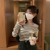 Vevesc Fashion Sexy Off Shoulder Striped Knitted T-shirts 2024 Spring New Slim Fit Tops Women Y2k E-Girl Long Sleeve Tee Shirt