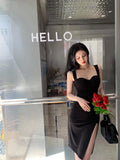 Vevesc Elegant Split Midi Dress Women Black Sexy Spaghetti Straps Slit Slim One Pieces Dresses Korean Party Prom Bodycon Vestidos