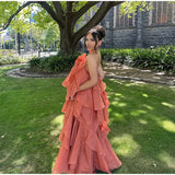 Vevesc  Cascading Ruffle Dress Women Sexy Backless Sleeveless Halter Long Female Beach Dresses 2025 Summer Holidays Beach Lady Robes