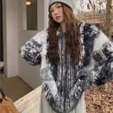 Vevesc Autumn Winter Thicked Warm Waterproof Mink Cardigan Vintage Print Sweaters Coat Women Y2k Long Sleeve Loose Knitted Tops Mujer