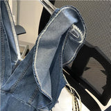 Vevesc  French Chic Y2k Vest Shirts V Neck Sleeveless Ruffles Backless Lace Up Denim Blouses Summer 2000s Harajuku Design Girl Clothing