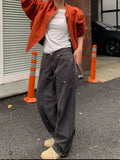 Vevesc Vintage Rivet High Waist Trousers Women American Street Charcoal Gray Straight Cargo Pants Spring New Loose Wide Leg