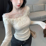 Vevesc French Elegant Slash Neck Fairy Flower Appliques Tops Temperament All Match Base Women Shirts Y2k Aesthetic Streetwear Girl Tees