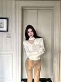 Vevesc V Neck Long Sleeve American Vintage Sweaters Elegant Temperament Flower Appliques Harajuku Punk Jumpers Y2k Aesthetic Clothes