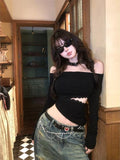 Vevesc Hollow Out Lace Patchwork Tshirts Y2k Aesthetic Slash Neck Grunge T-shirt Harajuku Autumn Irregular Vintage Tops Streetwear