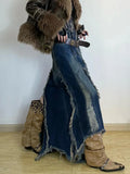 Vevesc Women Denim Skirt Y2k Emo 2000s Clothes Long Skirt Harajuku Korean 90s Fashion Vintage Gradient A-line Jean Skirt Grunge Clothes