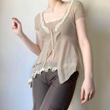 Vevesc  Multi Layered Asymmetric Top Women Contrast Color Lace Patchwork Short Sleeve T-shirt Fairycore Grunge Slim-fitting Tee