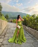 Vevesc Light Green Split Long Evening Dresses With Ruched Ruffles Trimmed Details Sweetheart Buttons Front Formal Dress