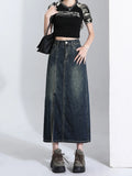 Vevesc Women's A-line Denim Skirt Vintage Y2k Oversize Jean Skirt Harajuku Korean Cowboy Long Skirts 2000s Fashion Clothes Summer