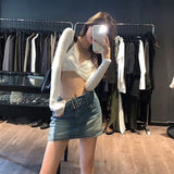 Vevesc 2024 Spring New V-neck White T-shirts Women Sexy Crop Top Slim Fit Tee Shirt Y2k E-Girl Long Sleeve Bottoming Tops