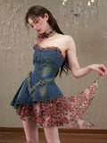 Vevesc Summer Vintage Denim Dress Women Casual Patchwork Floral Party Mini Dress Female Korean Fashion Designer elegant Slim Dress
