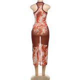 Vevesc Red Vintage Print Mesh Sheer Summer Women's Dresses Elegant Outfits For 2024 Sexy Sleeveless Bodycon Long Dress