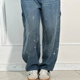 Vevesc  Chic Rhinestone Women's Jeans Y2k Street Oversize Loose Shining Female Wide Leg Pants 2025 Spring Summer Lady Denim Trousers