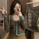 Vevesc Vintage All-match Flower Print Knitted Cardigan Early Autumn New Tops Mujer Y2k E-Girl Slim Fit Long Sleeve Coat Women