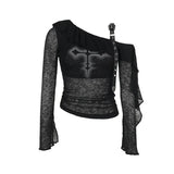 Vevesc Y2k Aesthetic Knitted Skew Collar Tshirts Women Slim Fit Grunge Fairy Printing T Shirt Harajuku See Through Streetwear Tops