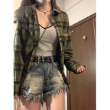 Vevesc Harajuku Plaid Shirts Women Vintage Oversized Long Sleeve Blouses Streetwear Korean Pockets Basic Loose Casual Tops New