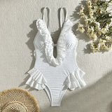 Vevesc Summer New White Body Suit One Piece Swimsuit Bikini For Women Sexy Deep V-Neck Backless Lace Patchwork Bodycon Outfits