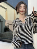 Vevesc Women Black Striped Pullover Knitted Sweater 90s Aesthetic Harajuku Long Sleeve Mohair Sweater Y2k 2000s Vintage Fashion Clothes