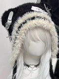 Vevesc Korean Y2K Cute Striped Knitted Beanie Hat Kawaii Bear Ears Knitting Cap Autumn Winter Cute Cross Belted Pullover Women Hats