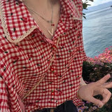 Vevesc Japanese Sweet Lapel Neck Plaid Shirts Women 2024 Summer New All-match Blusas Mujer Y2k E-Girl Short Sleeve Loose Blouses