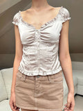 Vevesc  Ruffles Folds Satin Slim T-Shirt Blouse Women Summer V Neck Buttons Short Puff Sleeve Tee Shirt Sweet Solid Simple Crop Top Y2k