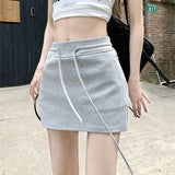 Vevesc Streetwear Grey A Line Skirts Women High Waist Sweat Mini Skirt Korean Fashion Black Drawstring Slim Casual Sports Skirts