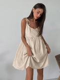 Vevesc Sexy Club Dress Summer Autumn Women Holiday Solid Khaki Spaghetti Flare Linen Mini Dress For Women