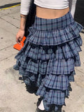 Vevesc Japanese Style Plaid Women Streetwear Ruffles Patchwork Pleated Cake Midi Skirt Summer Fashion Harajuku Vintage Skirt