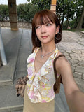 Vevesc Summer Y2k Aesthetic Halter Bandage Sweet Tank Top Women Print Backless Streetwear Ruffled Tanks Harajuku Fairy Cropped Tops