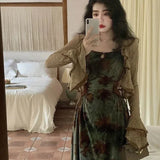 Vevesc Elegant Vintage Green Floral Print Camisole Dresses+ Y2k Long Sleeve Sun Protection Coat Women Oversize New Two Piece Sets