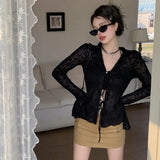 Vevesc Women's Lace Blouse V-neck Mesh See-through Chiffon Sunscreen Cardigan Tops Summer Waist Tie Flared Sleeve Shirt Jacket