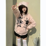 Vevesc Hooded Ear Knitted Women Preppy Style Sueter Mujer Kawaii Japanese Cardigan Cat Jacquard Sweet Y2k Sweaters Coats Zipper