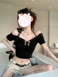 Vevesc Summer Fashion Halter Sexy Slash Neck French Shirts Y2k Aesthetic Pleated Bow Design Commuter Girl Clothes Harajuku Punk Tops