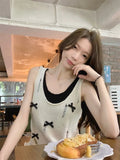 Vevesc Fake Two Piece Bow Hole Knitted Tank Top 2024 Summer New O-neck Sleeveless Tops Y2k E-Girl Slim Fit Black Vest for Women