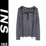 Vevesc American Black Gray Striped T-shirts for Women Autumn New Hoodie Tops Mujer Y2k E-Girl Slim Fit Long Sleeve Tee Shirt